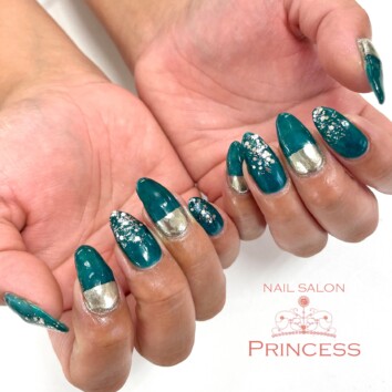 つくばみらい市　エメラルドグリーンネイル　ミラーネイル　ネイルサロンプリンセス