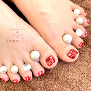 みらい平　チェックネイル　フットネイル　ネイルサロンプリンセス