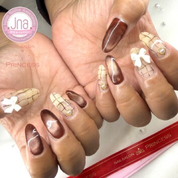 みらい平ネイルサロン チェックネイル 秋ネイル ブラウンネイル ネイルサロンプリンセス