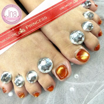 つくばみらい市　フットネイル　マグネットネイル　オレンジマグネット　ネイルサロンプリンセス