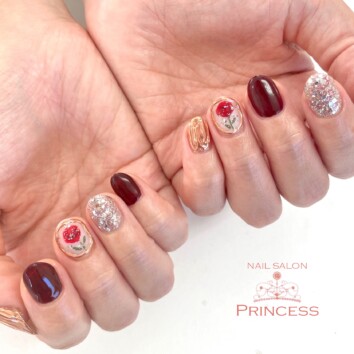 つくばみらい市　ボルドーネイル　薔薇ネイル　ニュアンスミラー　ネイルサロンプリンセス