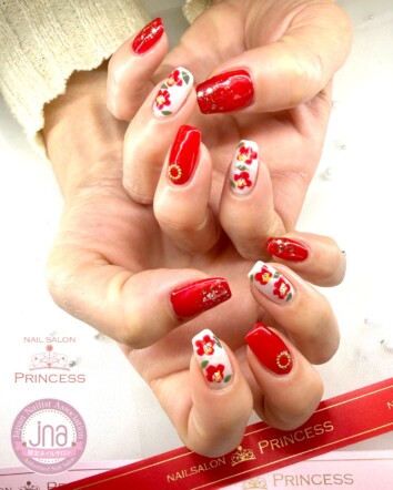 みらい平ネイルサロン　椿ネイル　お正月ネイル　ネイルサロンプリンセス