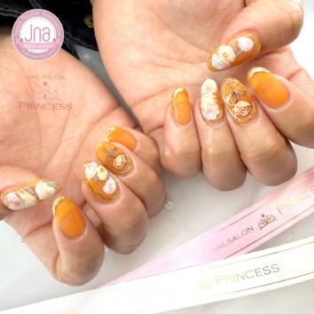 つくばみらい市　フラワーネイル　オレンジネイル　ネイルサロンプリンセス