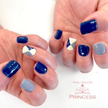 みらい平　アーガイル柄ネイル　ネイビーネイル　ネイルサロンプリンセス