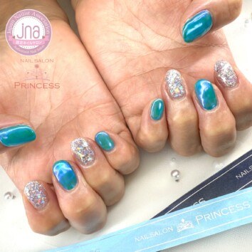 つくばみらい市　オーロラネイル　ブルーネイル　ネイルサロンプリンセス